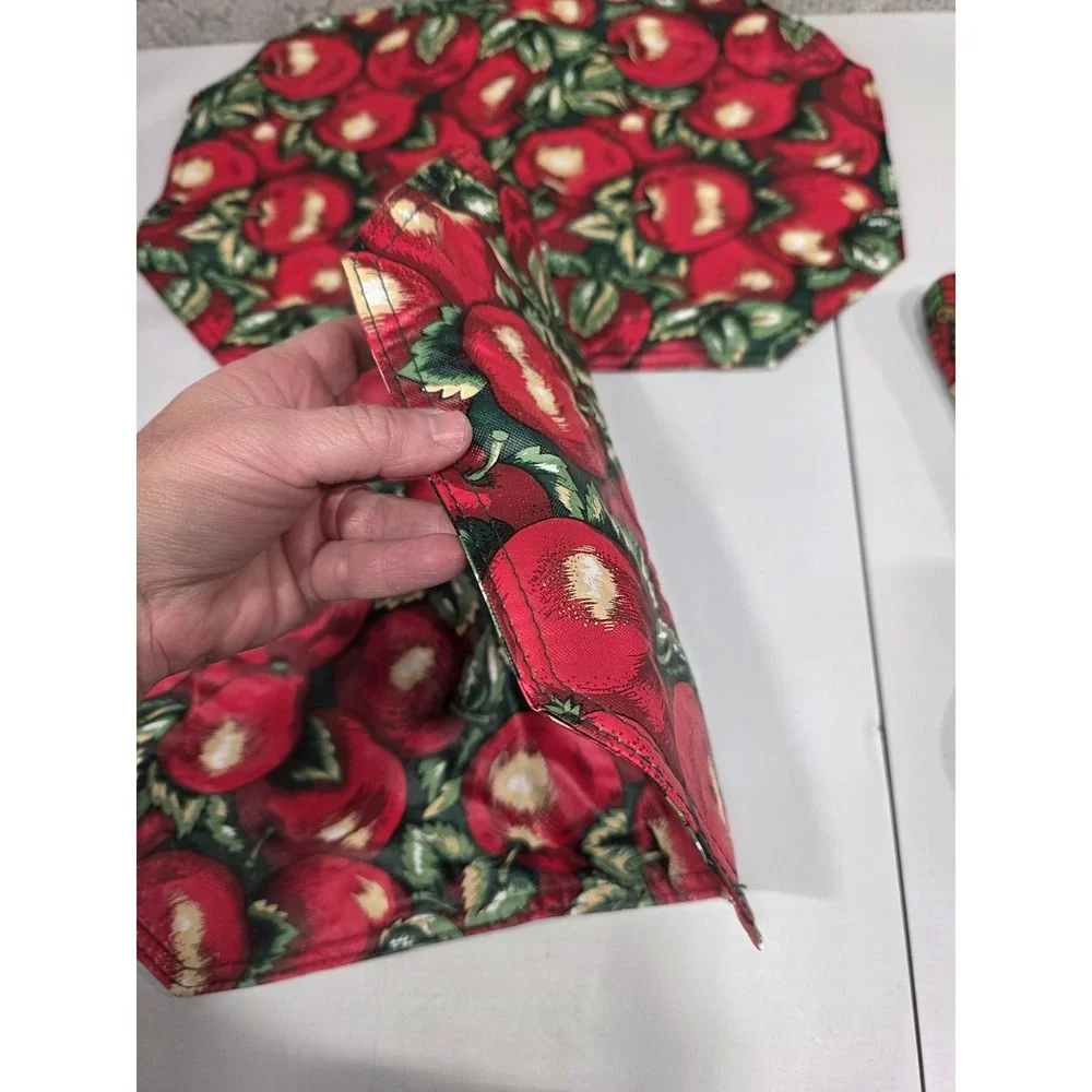 Reversible Apple Print Placemats Oven Mitt Set Kitchen Dining Decor Fall Harvest
